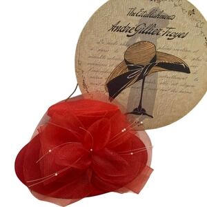1960's vintage classic red fascinator hat with flower and pearl details